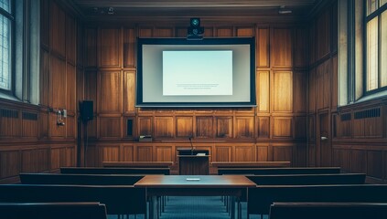 Poster - Empty presentation room with wooden paneling, projector screen, and lectern.