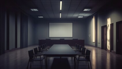 Aufkleber - Empty conference room at night with a projection screen and long table.