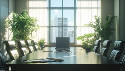 Leinwandbilder - Sunlit modern conference room with city view. (1)