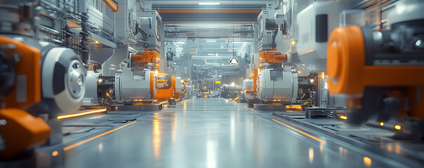 Poster - A futuristic industrial setting with robotic arms and machinery in a high-tech environment.