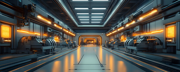 Poster - A futuristic industrial hallway with glowing elements and machinery.