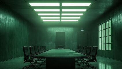 Wall Mural - Dark green conference room at night with long table and chairs.