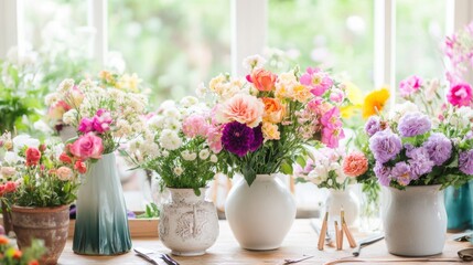 Poster - A serene flower arranging workshop with colorful blooms and elegant vases, Floral tools and arranging stations set up for artistic flair, Classic photo of