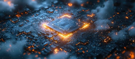 Poster - A futuristic cityscape featuring a glowing circuit board amidst clouds and structures.