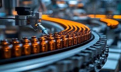 Poster - Automated bottling line with amber vials in a pharmaceutical production facility.