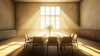 Poster - Sunlit dining room with long table and chairs.