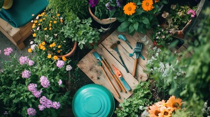 Poster - A serene gardening workshop with tools and blooming plants, Gardening equipment arranged in a lush garden setting, Horticultural bliss style