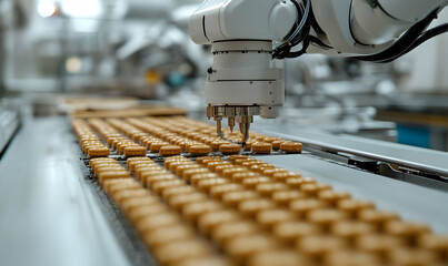 Poster - A robotic arm assembling cookies on a production line in a factory setting.