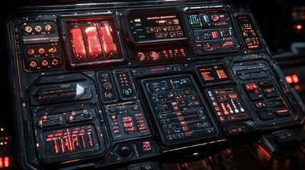 Poster - A futuristic control panel featuring illuminated buttons and screens for monitoring systems.