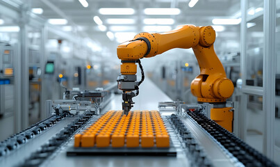 Poster - Industrial robot arm assembling products on a conveyor belt in a factory setting.