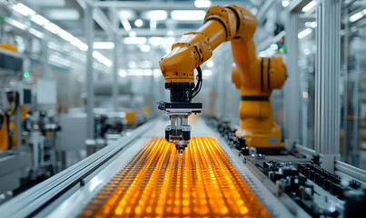 Poster - A robotic arm operates on an assembly line, handling items efficiently in an industrial setting.