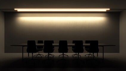 Poster - Dark conference room with long table and chairs, illuminated by a single overhead light.