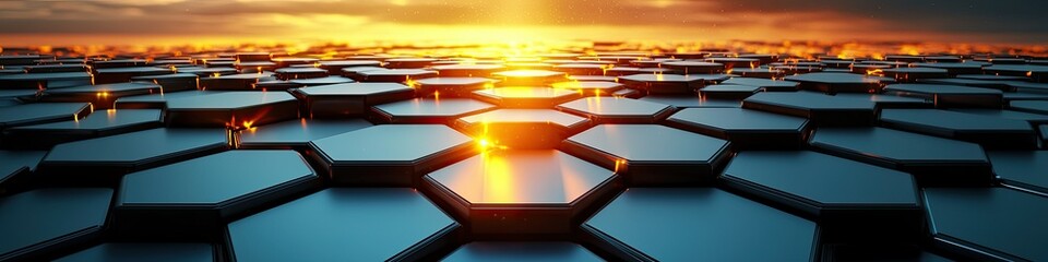 Poster - A futuristic landscape of hexagonal patterns reflecting a sunset.