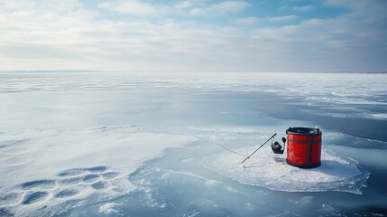 Poster - A serene ice fishing spot on a frozen lake, Ice fishing gear set up for angling, Classic photo of