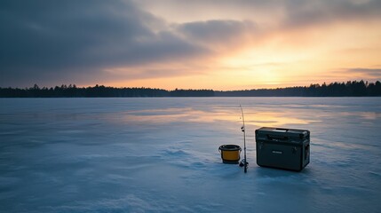 Poster - A serene ice fishing spot on a frozen lake, Ice fishing gear set up for angling, Classic photo of