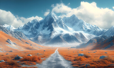 Sticker - A serene mountain landscape with a winding path through vibrant orange grass and snow-capped peaks.