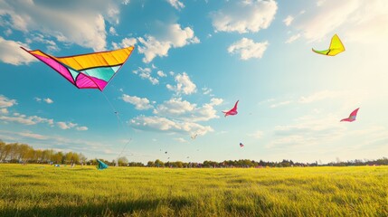 Poster - A serene kite-flying field with colorful kites and windsocks, Kite-flying tools and open sky meticulously arranged, Childhood joy style