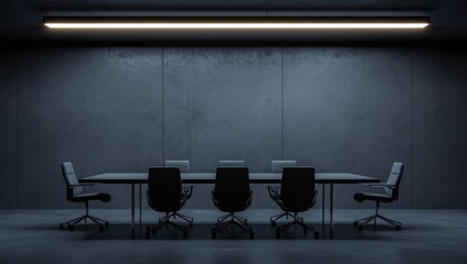 Poster - Dark modern conference room with empty table and chairs.