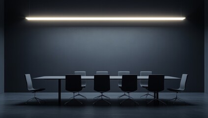 Poster - Dark modern conference room with long table and chairs. (1)