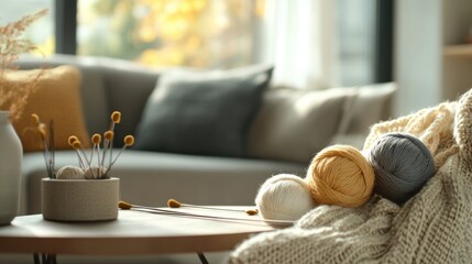 Poster - A serene knitting corner in a cozy living room, Yarn and knitting needles meticulously placed, Contemporary cozy style