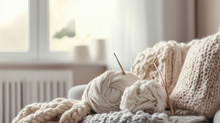 Poster - A serene knitting corner in a cozy living room, Yarn and knitting needles meticulously placed, Contemporary cozy style