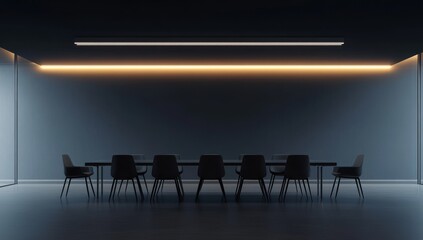 Poster - Dark modern conference room with long table and chairs, illuminated by warm ceiling lights.