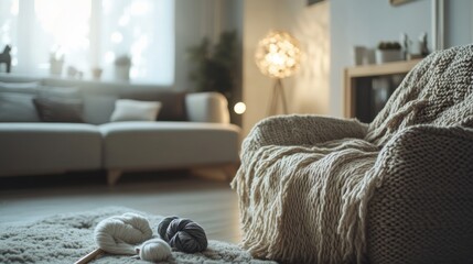 Poster - A serene knitting corner in a cozy living room, Yarn and knitting needles meticulously placed, Contemporary cozy style