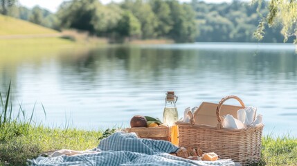 Poster - A serene lakeside picnic spot with picnic baskets and tranquil waters, Picnic essentials and scenic views set up for outdoor dining, Natural photo of