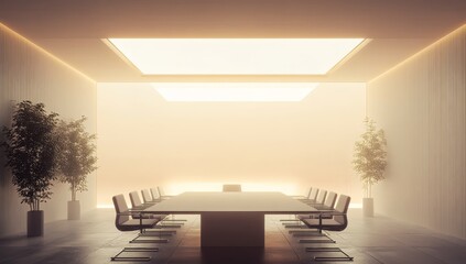 Poster - Modern, minimalist conference room with a large table and chairs, illuminated by soft ceiling lights.