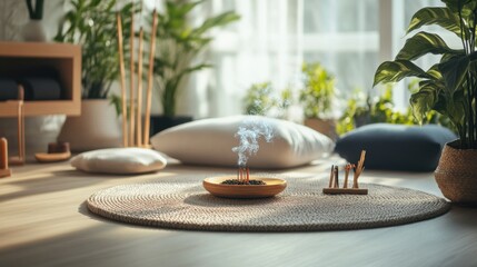 Poster - A serene meditation retreat with cushions and incense, Meditation tools and serene decor perfectly arranged, Zen mindfulness style