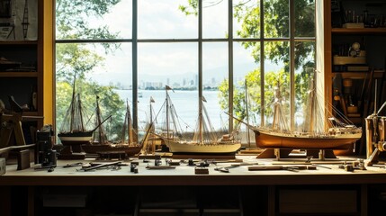 Poster - A serene model shipbuilding desk by a large window, Ship models and tools meticulously arranged, Nautical classic style