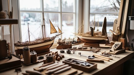 Poster - A serene model shipbuilding desk by a large window, Ship models and tools meticulously arranged, Nautical classic style