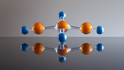 Wall Mural - Abstract molecular structure model with orange and blue spheres on reflective surface.