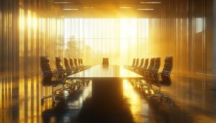 Poster - Sunlit modern conference room with large table and chairs. (1)