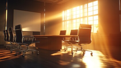 Poster - Sunlit modern conference room with large window and empty chairs around a wooden table.