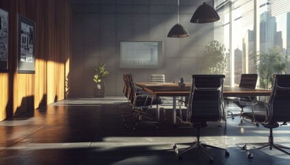 Poster - Sunlit modern conference room with city view. (5)