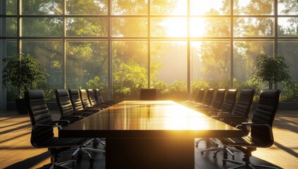 Poster - Sunlit modern boardroom with large windows overlooking a lush green landscape.