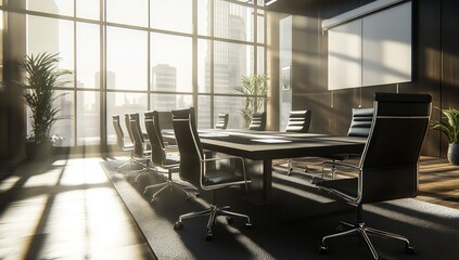 Poster - Sunlit modern conference room with city view. (4)