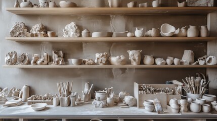 Aufkleber - A serene pottery workshop with shelves of delicate ceramic pieces, Clay sculpting tools organized with artistic flair, Contemporary artisanal style