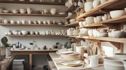 Aufkleber - A serene pottery workshop with shelves of delicate ceramic pieces, Clay sculpting tools organized with artistic flair, Contemporary artisanal style