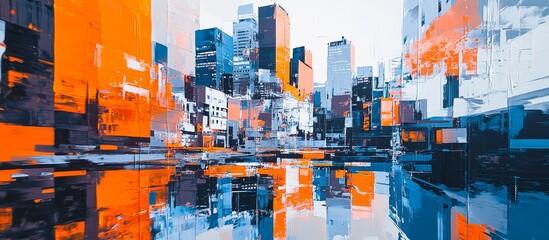 Fototapete - Abstract city landscape with vibrant orange and blue hues, reflecting on water.