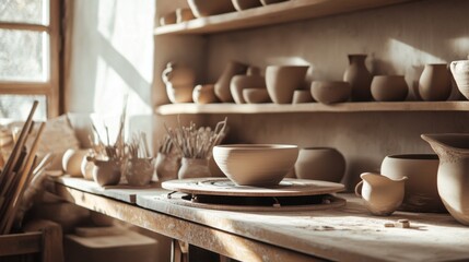 Poster - A serene pottery workshop with spinning wheels and crafted clay sculptures, Artisan tools organized in a creative studio space, Minimalist pottery style