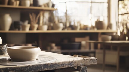 Aufkleber - A serene pottery workshop with spinning wheels and clay, Artisan tools neatly arranged in a rustic studio, Craftsmanship charm style