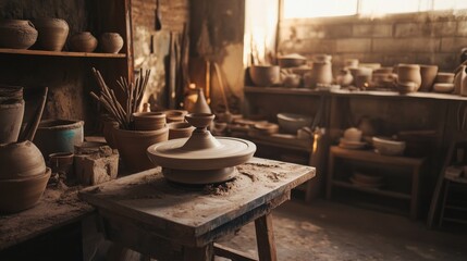Aufkleber - A serene pottery workshop with spinning wheels and clay, Artisan tools neatly arranged in a rustic studio, Craftsmanship charm style