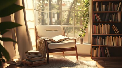 Poster - A serene reading nook in a sunlit room, Books and reading accessories carefully arranged, Modern cozy style