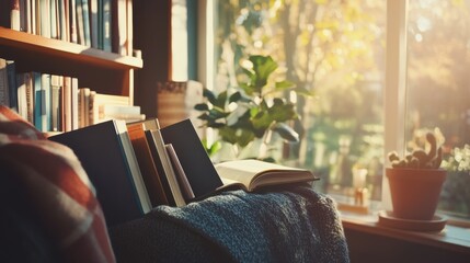Poster - A serene reading nook in a sunlit room, Books and reading accessories carefully arranged, Modern cozy style