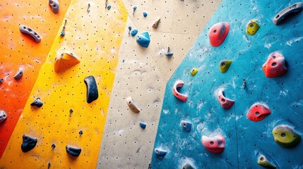 Poster - A serene rock climbing gym with colorful climbing routes, Climbing gear neatly organized against textured walls, Dynamic sports style