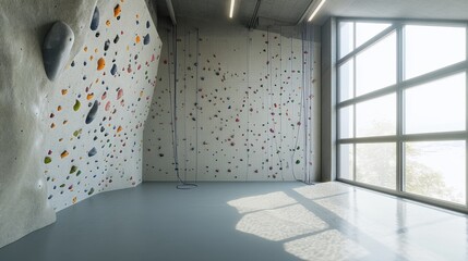 Aufkleber - A serene rock climbing wall in a dedicated home gym, Climbing holds and ropes meticulously placed, Minimalist athletic style