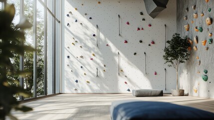 Aufkleber - A serene rock climbing wall in a dedicated home gym, Climbing holds and ropes meticulously placed, Minimalist athletic style