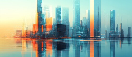 Poster - Futuristic city skyline reflected in calm water at sunrise.
